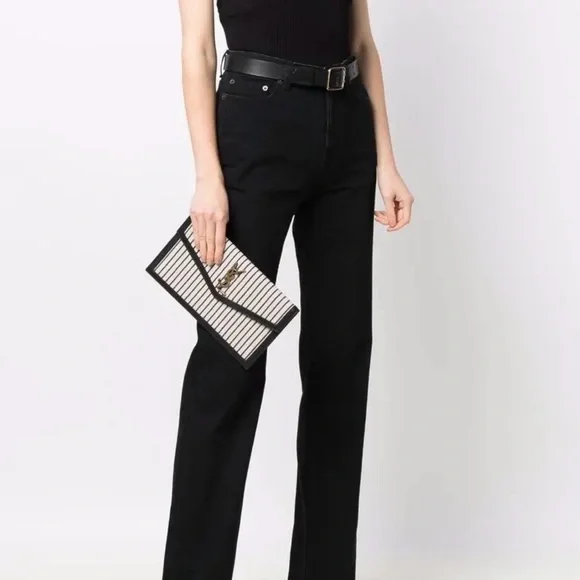 Yves Saint Laurent Uptown Canvas Striped Clutch Cream Black YSL Gold Hardware - Picture 10 of 14